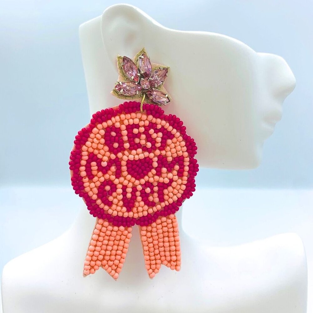 Best Mom Ever Mother's Day Gift Beaded Earrings Pink with Crystals NEW